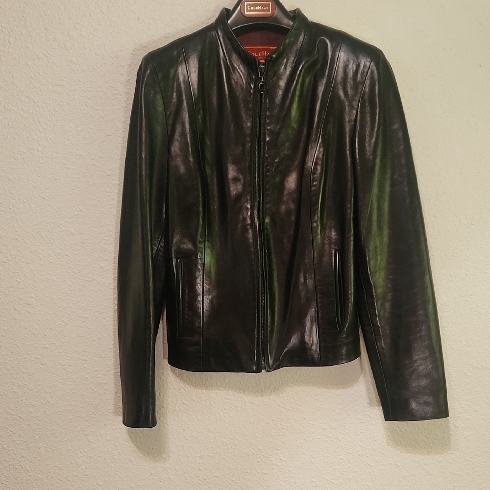 Cole Haan Leather Jacket Womens Size 4 Black Stand Collar Princess Seam Chic